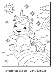 Black and white Unicorn coloring pages for kids. Children's coloring books with cute unicorn cartoon character, fun and educational materials for kindergarten.
