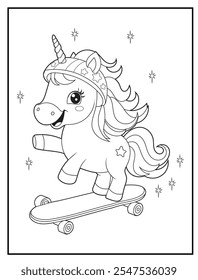 Black and white Unicorn coloring pages for kids. Children's coloring books with cute unicorn cartoon character, fun and educational materials for kindergarten.
