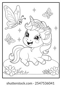 Black and white Unicorn coloring pages for kids. Children's coloring books with cute unicorn cartoon character, fun and educational materials for kindergarten.
