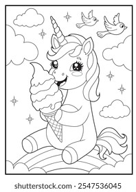 Black and white Unicorn coloring pages for kids. Children's coloring books with cute unicorn cartoon character, fun and educational materials for kindergarten.
