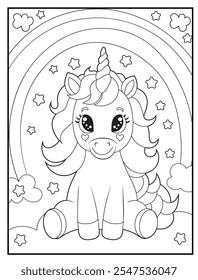 Black and white Unicorn coloring pages for kids. Children's coloring books with cute unicorn cartoon character, fun and educational materials for kindergarten.
