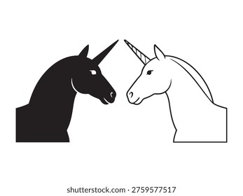 Black and white unicorn heads facing each other silhouette