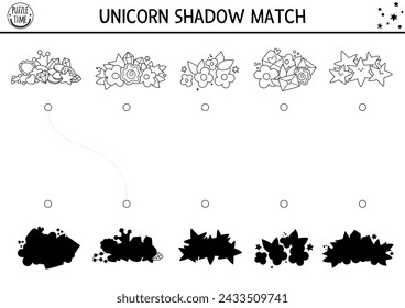 Schwarz-weißer Einhorn-Schatten, der mit Schätzen zusammenpasst. Magische Welt Puzzle mit Edelstein, Kristall, Blume, Stern. Korrektes druckbares Silhouettenarbeitsblatt suchen. Märchenhafte Malseite für Kinder
