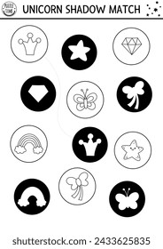 Black and white unicorn shadow matching activity with rainbow, star, butterfly, crystal. Magic line puzzle. Find correct silhouette printable worksheet, game. Fairytale coloring page for kids
