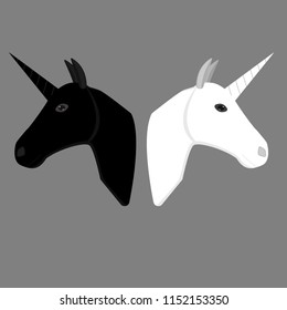 Black and white unicorns. Heads of unicorns. Fantasy design of mythology creatures. Graphic icon, print or logo. Isolated. Vector.