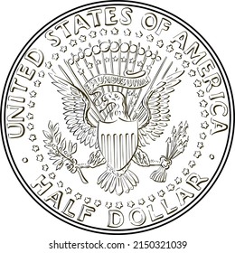 Black   white United States coin Half dollar and Presidential Seal reverse