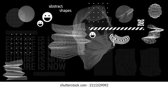 Black and White universal geometric shapes collection. Memphis design elements in vaporwave and retro futuristic style. Brutalism graphic design from the 80s-90s. Universal geometric shapes. Vector