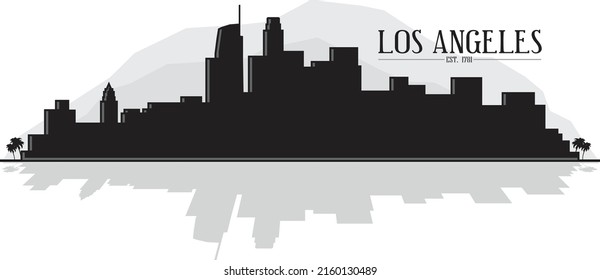 Black and white updated skyline silhouette of downtown Los Angeles California with shadow reflection and mountains in the background. Vector eps graphic design.