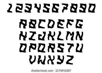 Black and white uppercase characters. Letters and numbers in black color isolated on white background. Scary font design.