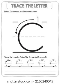 Black And white, Uppercase letter Tracing For Pre-school Kids with Arrow Direction C