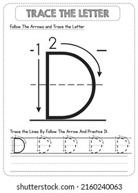 Black And white, Uppercase letter Tracing For Pre-school Kids with Arrow Direction D