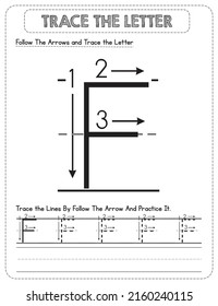 Black And white, Uppercase letter Tracing For Pre-school Kids with Arrow Direction F