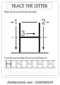 Black And white, Uppercase letter Tracing For Pre-school Kids with Arrow Direction H