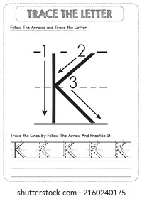 Black And white, Uppercase letter Tracing For Pre-school Kids with Arrow Direction K
