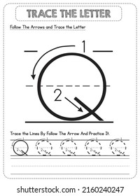 Black And white, Uppercase letter Tracing For Pre-school Kids with Arrow Direction Q