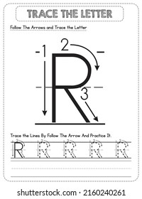 Black And white, Uppercase letter Tracing For Pre-school Kids with Arrow Direction R