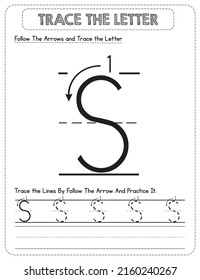 Black And white, Uppercase letter Tracing For Pre-school Kids with Arrow Direction S