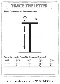Black And white, Uppercase letter Tracing For Pre-school Kids with Arrow Direction T