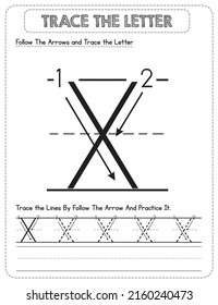 Black And white, Uppercase letter Tracing For Pre-school Kids with Arrow Direction X