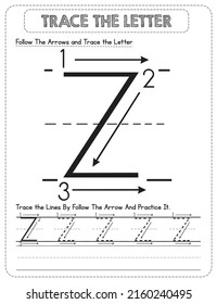 Black And white, Uppercase letter Tracing For Pre-school Kids with Arrow Direction Z