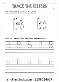 Black And white, Uppercase And Lowercase letter Tracing For Pre-school Kids with Arrow Direction B