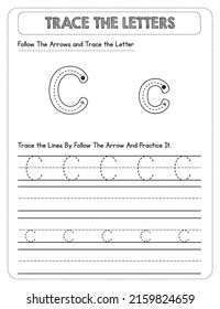 Black And white, Uppercase And Lowercase letter Tracing For Pre-school Kids with Arrow Direction C
