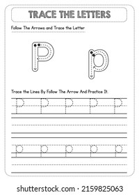 Black And white, Uppercase And Lowercase letter Tracing For Pre-school Kids with Arrow Direction P