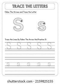 Black And white, Uppercase And Lowercase letter Tracing For Pre-school Kids with Arrow Direction S