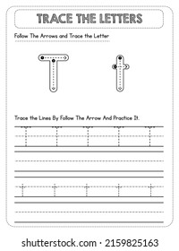 Black And white, Uppercase And Lowercase letter Tracing For Pre-school Kids with Arrow Direction T