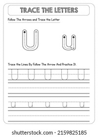 Black And white, Uppercase And Lowercase letter Tracing For Pre-school Kids with Arrow Direction U