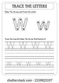 Black And white, Uppercase And Lowercase letter Tracing For Pre-school Kids with Arrow Direction W