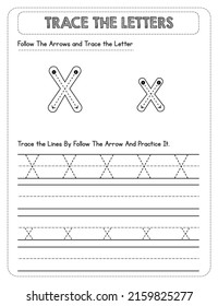 Black And white, Uppercase And Lowercase letter Tracing For Pre-school Kids with Arrow Direction X