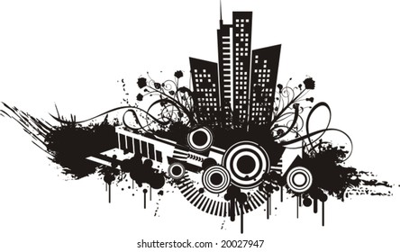 Black and white urban design with floral and grunge details. Vector illustration.