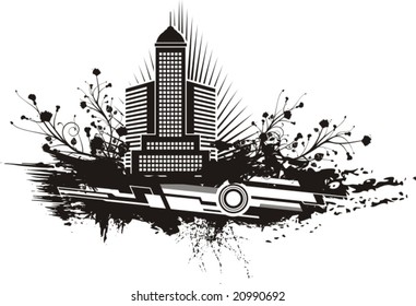 Black and white urban design with floral and grunge details. Vector illustration.