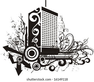 Black and white urban design with ornamental and grunge details. Vector illustration.
