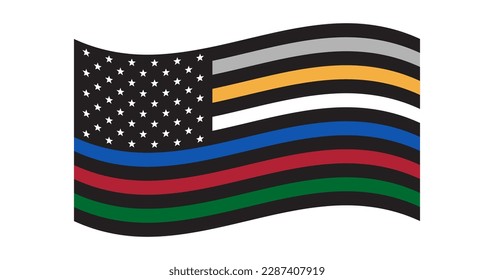 Black and white US Flag with blue, red, gold, silver line. US emergency services flag. Police, EMS, Military, Firefighters, corrections officers flag. Patriotic symbol. USA. Vector illustration