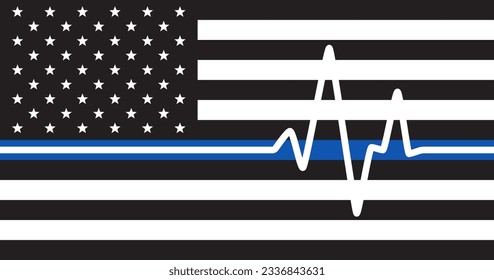 Bandera estadounidense en blanco y negro con símbolo de línea azul y latido cardíaco. Bandera de los servicios médicos de emergencia de Estados Unidos. Celebración de la semana de EMS. Símbolo patriótico. EE.UU. Ilustración del vector