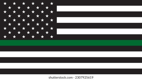 Bandera estadounidense en blanco y negro con línea verde. Bandera militar estadounidense. La línea verde. Símbolo patriótico. EE.UU. Ilustración del vector