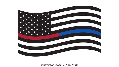 Black and white US Flag with red and blue line. US Police and Firefighters flag. Wave. The blue and red line. Patriotic symbol. USA. Vector illustration