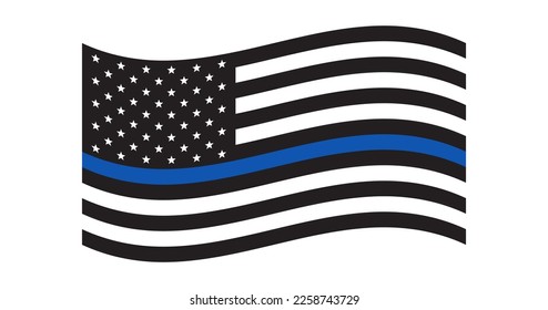 Black and white US Flag with thin blue line. US police flag. Wave. Patriotic symbol. USA. Vector illustration