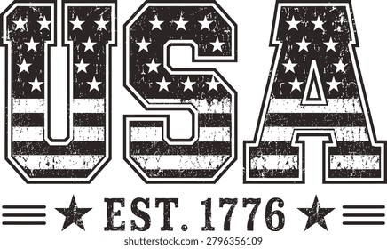 Black And White USA Est 1776 Patriotic Typography With Flag Pattern And Distressed Texture