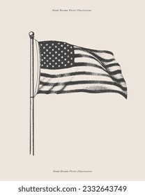 Schwarz-Weiß-Flagge der USA. Das wichtigste Symbol Amerikas auf hellem Hintergrund. Vektorgrafik im Gravierstil.