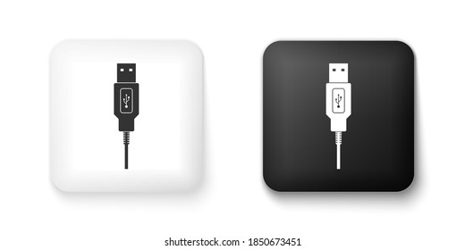 Icono de cable USB blanco y negro aislado en fondo blanco. Conectores y enchufes para PC y dispositivos móviles. Oferta de recarga para smartphone. Botón cuadrado. Vector.