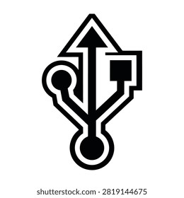 Black and white USB symbol icon featuring an arrow pointing up. Represents universal serial bus technology, data transfer, and computer connectivity. Isolated on white background.