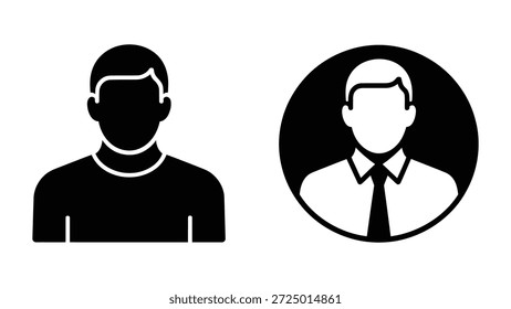 Conjunto de iconos de avatar de perfil de usuario en blanco y negro, símbolos de silueta de Cuenta masculina, pictograma minimalista de persona plana para Inicio de sesión, identidad y diseño de interfaz