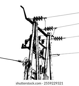 Black white utility pole silhouette. Isolated graphics of electric power lines and post.