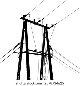 Black and white utility pole silhouette. Isolated graphics of electric power lines and post.