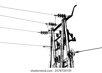 Black and white utility pole silhouette. Isolated graphics of electric power lines and post.