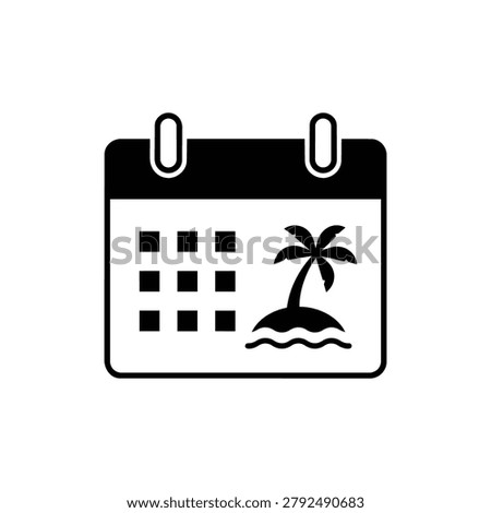 Black and white vacation calendar icon for summer vacation, calendar with beach symbol and holiday planning pictogram design