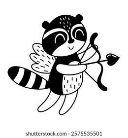 Black and white Valentine animal clipart. Cute raccoon clipart. Valentines day clipart in cartoon flat style. Hand draw vector illustration